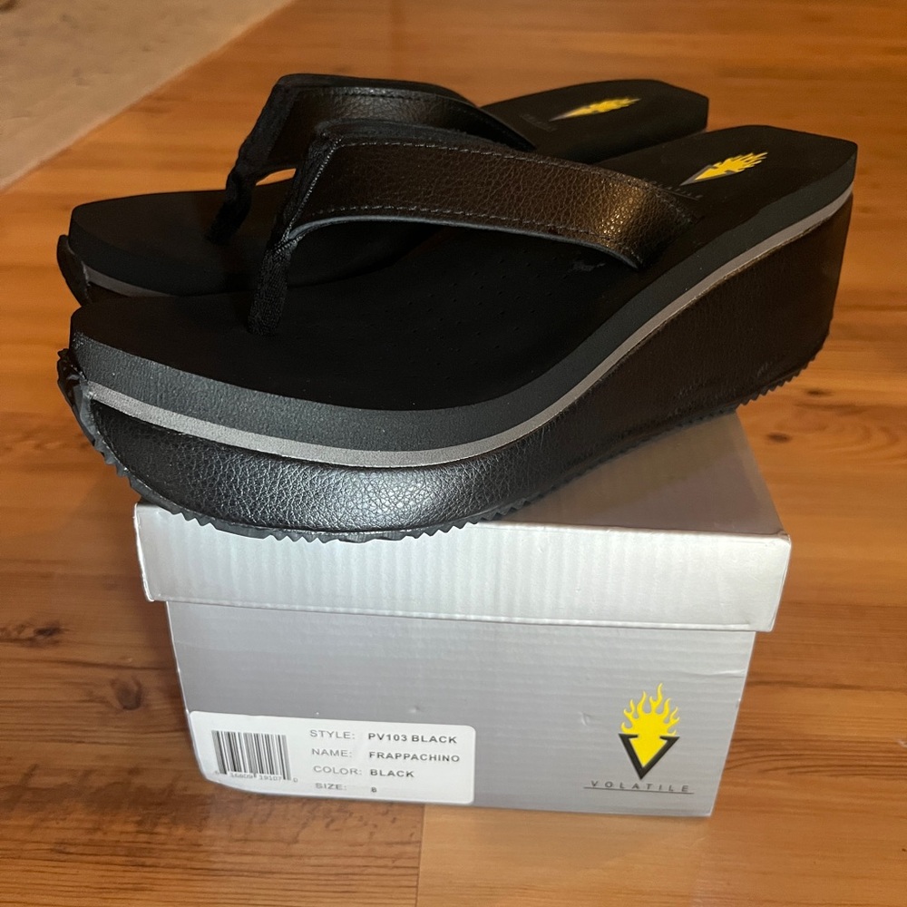 LIKE NEW w/Box Volatile Black Wedge Leather Platform Sandals - Picture 6 of 13